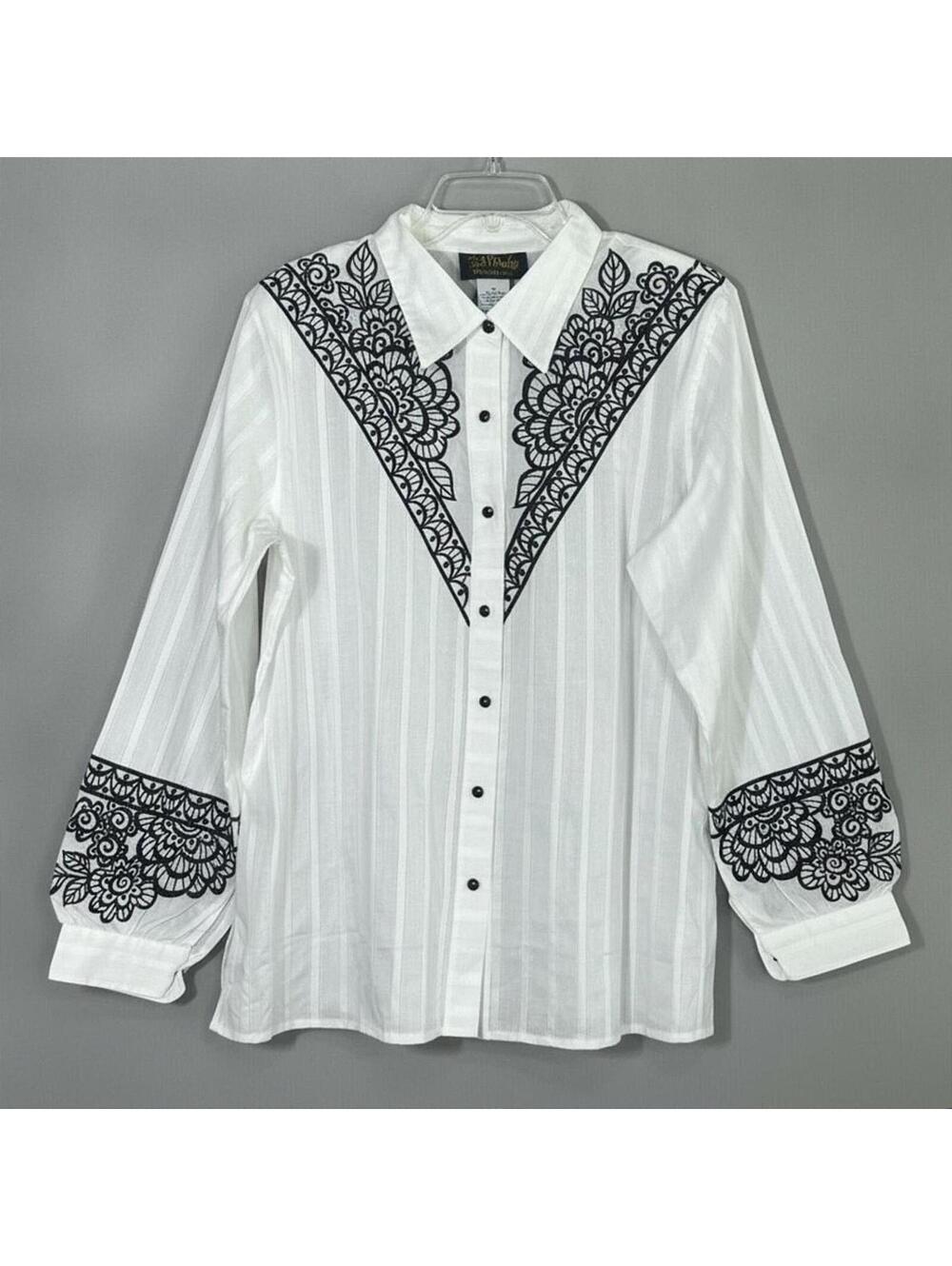 Bob Mackie Vintage Bohemian Embroidered Cotton Blouse Top White Black 1X Y2K